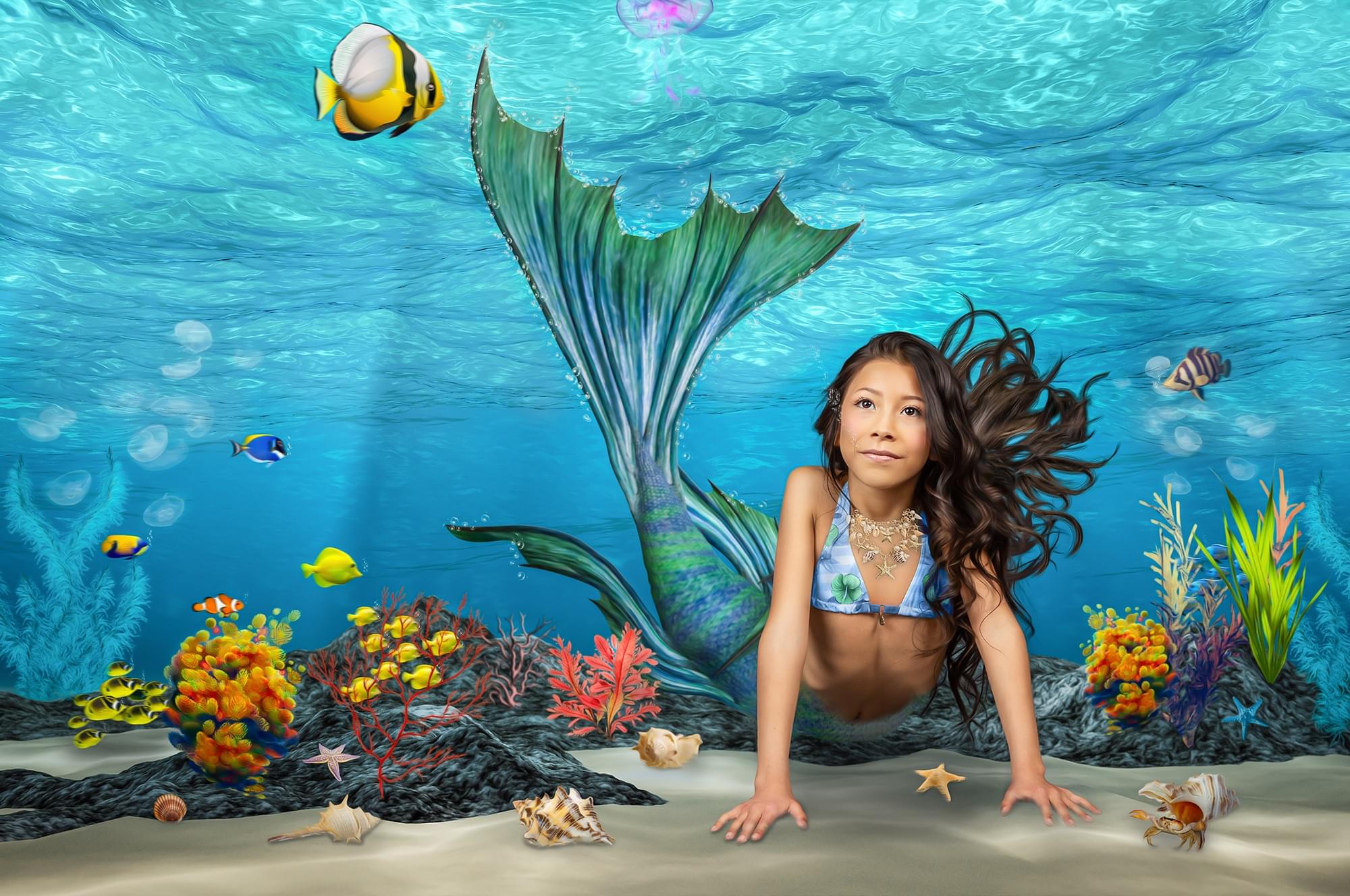 Mermaid-Ocean-Water-Tropica-Fish-Coral-Blue-Tail-Swimsuit-Bubbles-Fantasy-Fun